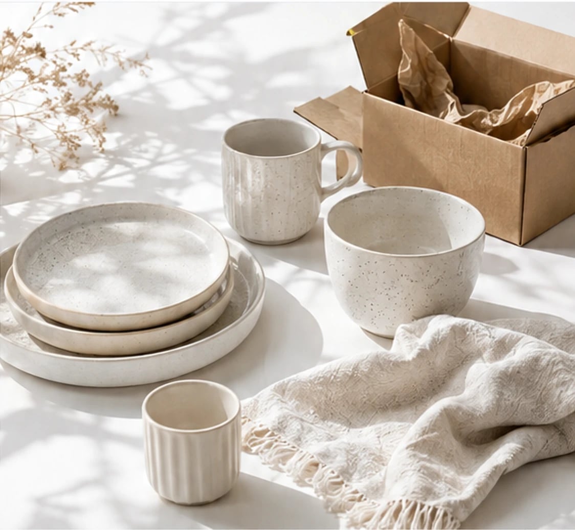 Stoneware plates and mugs beside an open shipping box