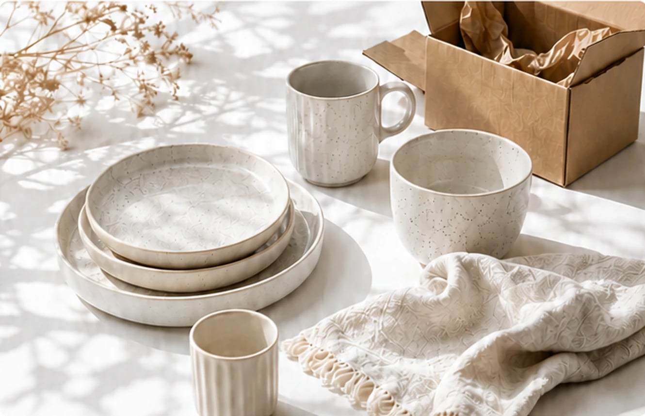 Stoneware plates and mugs beside an open shipping box