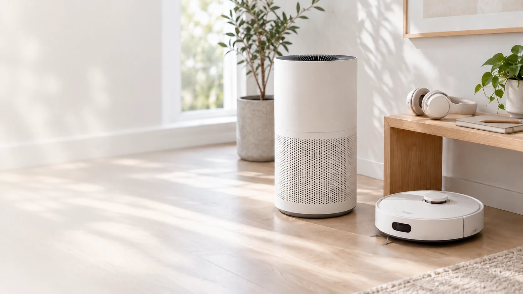 A white air purifier and a robot vacuum on a wooden floor by a window; headphones and a notebook on an oak bench in daylight